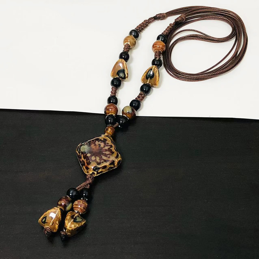 Tribal Long Necklace with Square Ceramic Beads on Synthetic Rope
